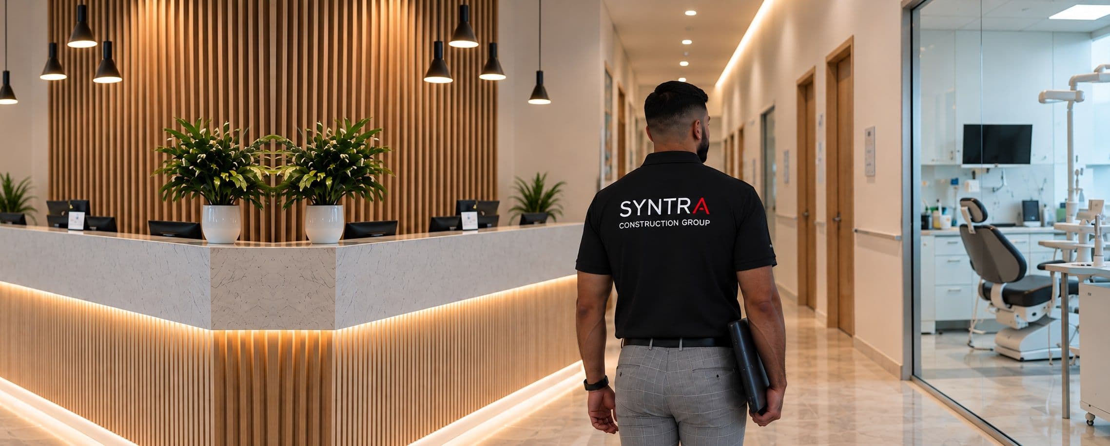 A Syntra Construction Group project manager walking through a completed dental fit out