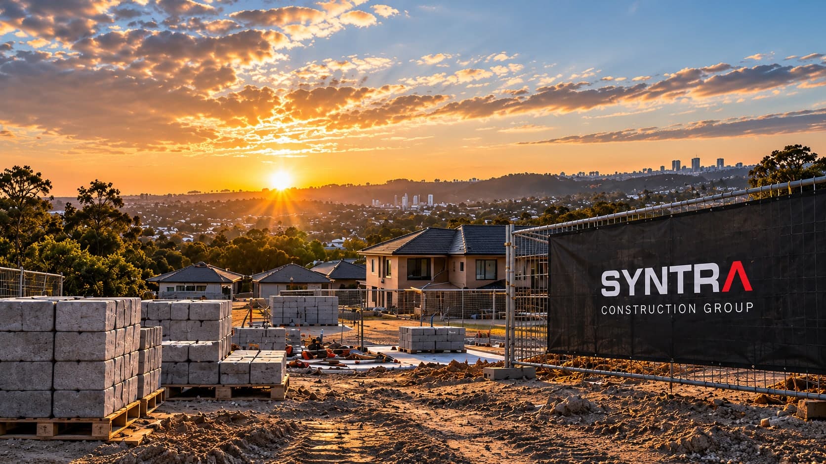 A Syntra Construction Group hoarding on a residential estate at sunset in NSW